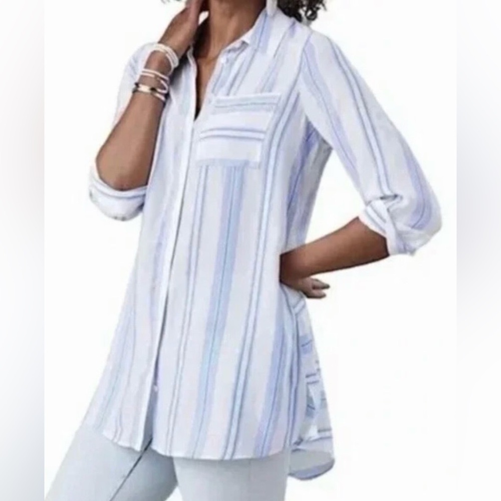 Soft Surroundings Striped Button Up Tunic Shirt 3/4 Sleeves - Blue White- Sz L